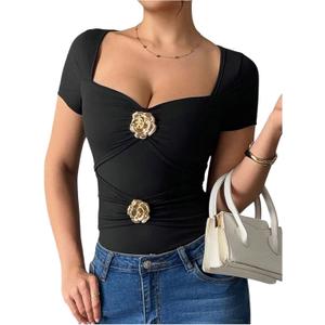 SOLY HUX Women's T Shirt Metal Flower Sweetheart Neck Short Sleeve Ruched Tee Slim Fit Going Out Summer Tops (Black, L)