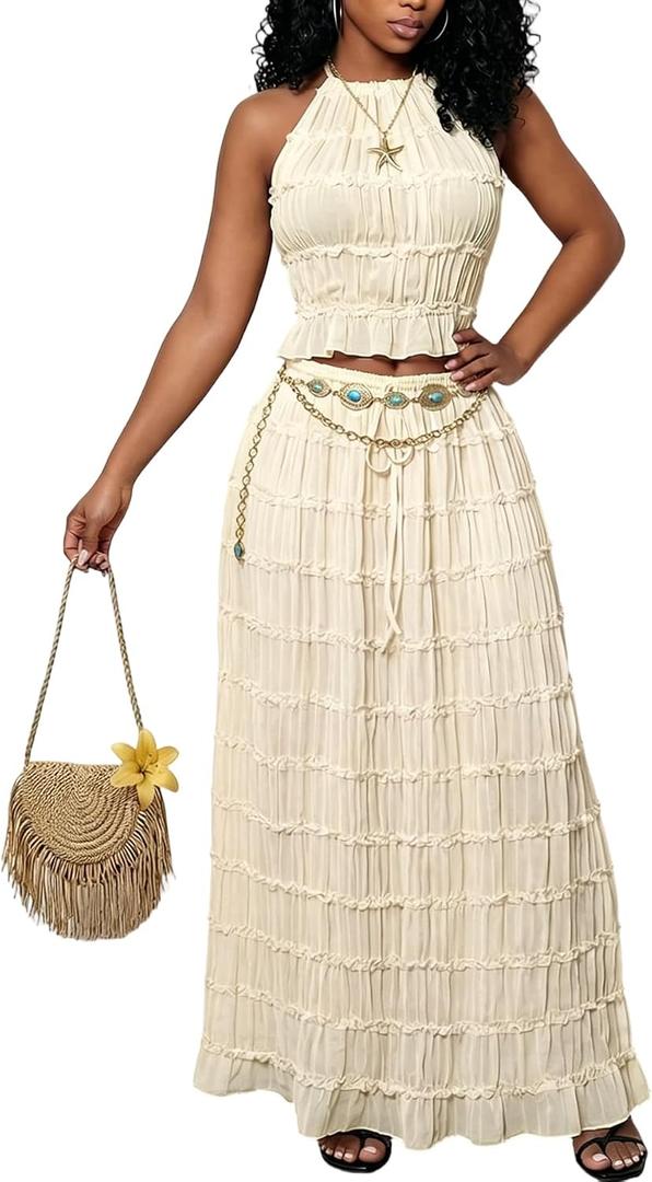 LETSVDO Skirt Sets Women 2 Piece Outfits Backless Halter Top And Pleated Ruffle Flowy Maxi Skirts Y2k Beach Vacation Set (XL)