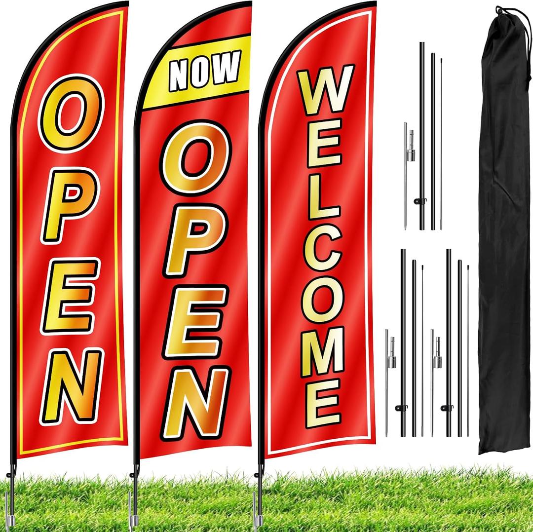 3 Sets Open Feather Flag Pole Kit, 9.2 Feet Tall Grand Opening Flag, Sign Advertising Flag Banner, Now Open Theme Feather Flags with Ground Stake and Portable Bag for Outside Ground