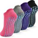 SkiBeaut Grips Non Slip Socks for Women, 4 Pairs Yoga Pilates Anti Skid Woman Hospital Gripper Socks (5-12) (#1 Black + Gray + Pink + Purple)