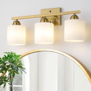 Mecgirn Stainless Steel Milk Glass Vanity Lights for Bathroom, 3 Light Gold Bathroom Light Fixtures Over Mirror, Ceramic E26 Sockets Wall Mounted