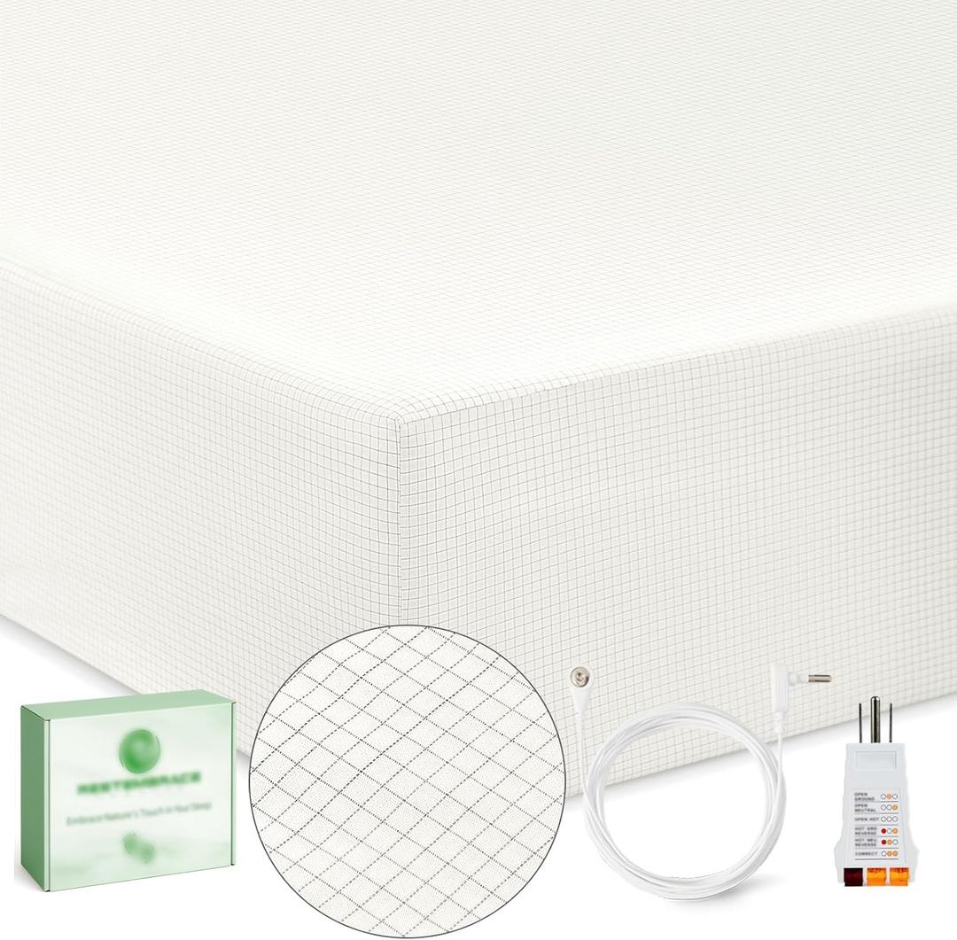 Grounding Sheets Queen 6% Silver Fiber Cotton with Tester and Test Pen, Grounded Sheet Fitted Bed Kit Earth Connected Bedding Legacy White Queen S