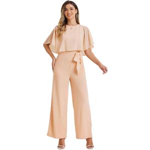 Allegra K Ruffle Sleeve Jumpsuit for Women's Dressy Casual Tie Waist Wide Leg Pants One Piece Outfits (X-Large, Apricot)