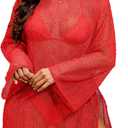 Lilosy Sexy Crochet Mesh Sheer Long Sleeve Dress Beach Bathing Suit Swim Coverup Summer Vacation Outfits One Piece Women Knit See Through Swimsuit Bikini Swimwear Red Medium