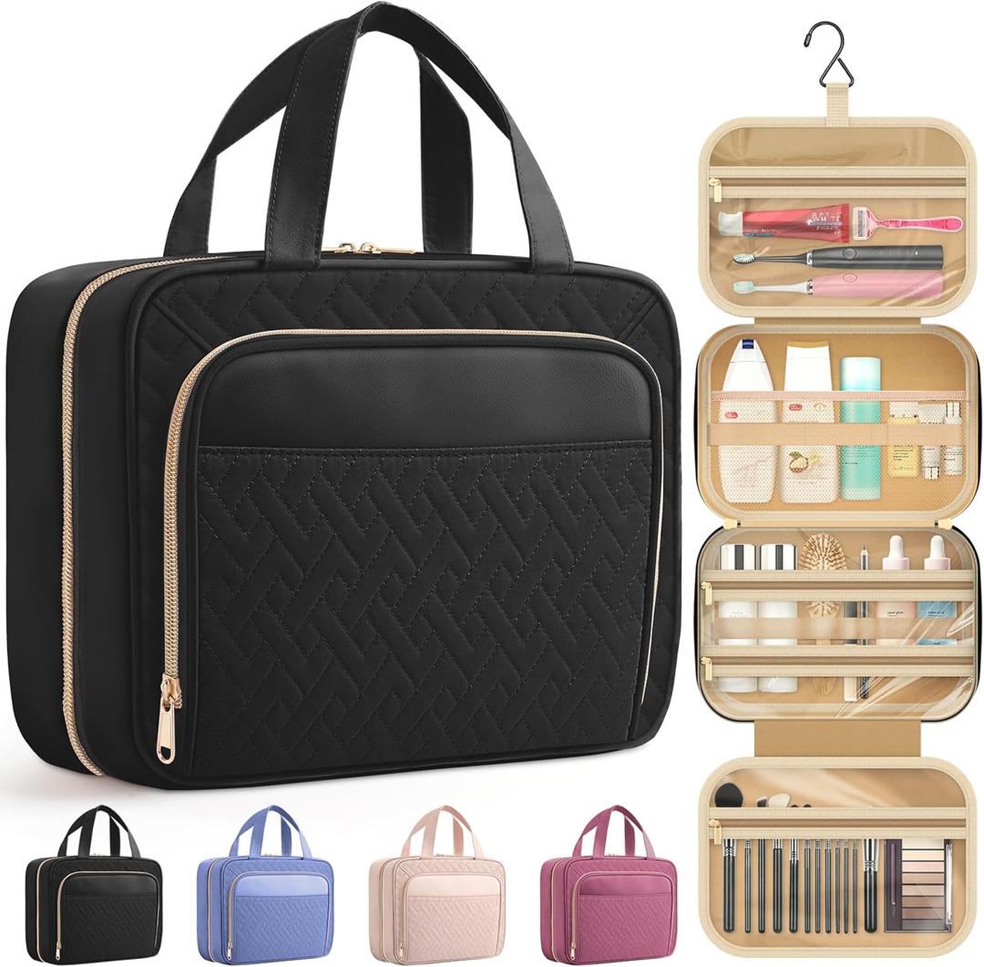 HOTOR Travel Toiletry Bag for Women & Men, Waterproof Makeup Bag with Hanging Hook and Multiple Pockets, Cosmetic Bags for Women, Travel Essentials, 11.2'' x 3.2'' x 8.9'', Black (Medium)