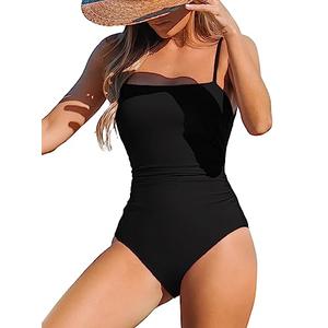CUPSHE Women's One Piece Swimsuit Square Neck Cutout Back Tummy Control Adjustable Straps Striped Swimwear, M Black.XL