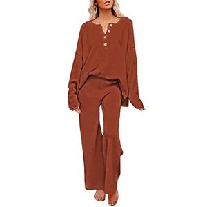 Viottiset Women's 2 Piece Outfits Sweatsuit Knit Long Sleeve Sweater Wide Leg Pants Lounge Set Burnt Orange, Small