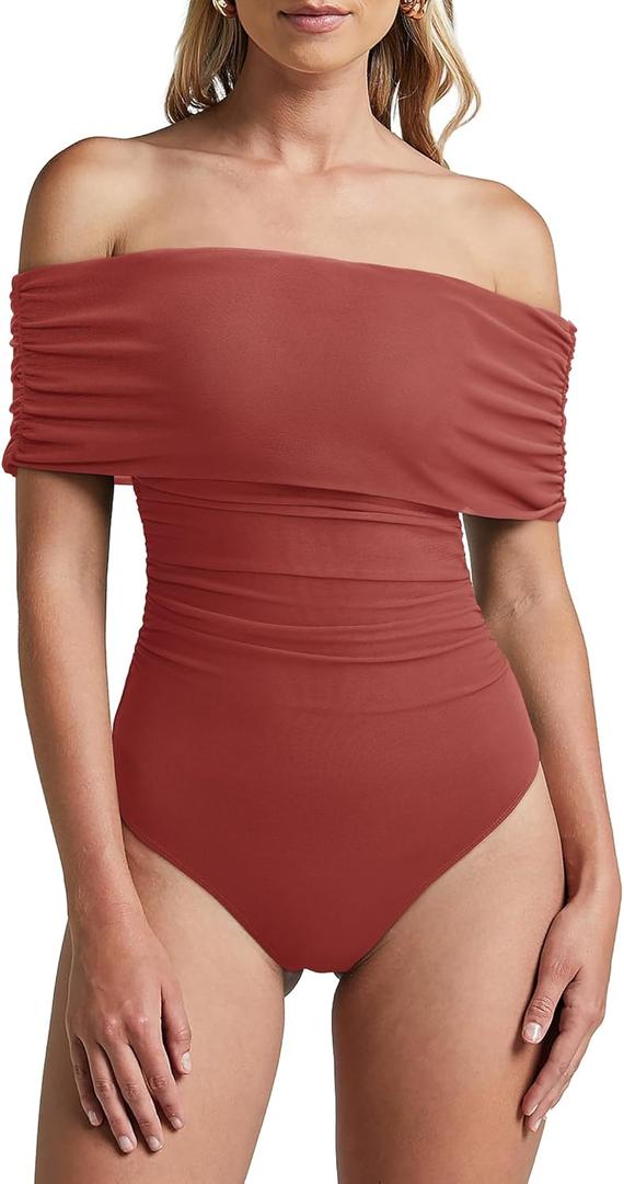 REORIA Womens Bodysuit Sexy Off Shoulder Mesh Leotard Thong Body Suits Outfits for Going Out Tops (Large, Rusty Red)