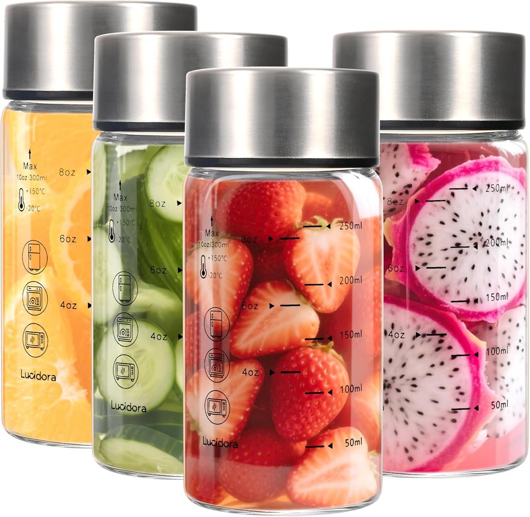 4 Pcs 10oz Glass Juice Bottles with Lids, Wide Mouth Glass Water Bottles with Measurement Markings Reusable Borosilicate Bottle for Juicing Smoothies Beverages, Leakproof Stainless Steel Caps