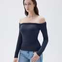 SUUKSESS Women Padded Off The Shoulder Tops Double Lined Going Out Long Sleeve Fitted Basic Fall Shirts(Navy Blue, XS)