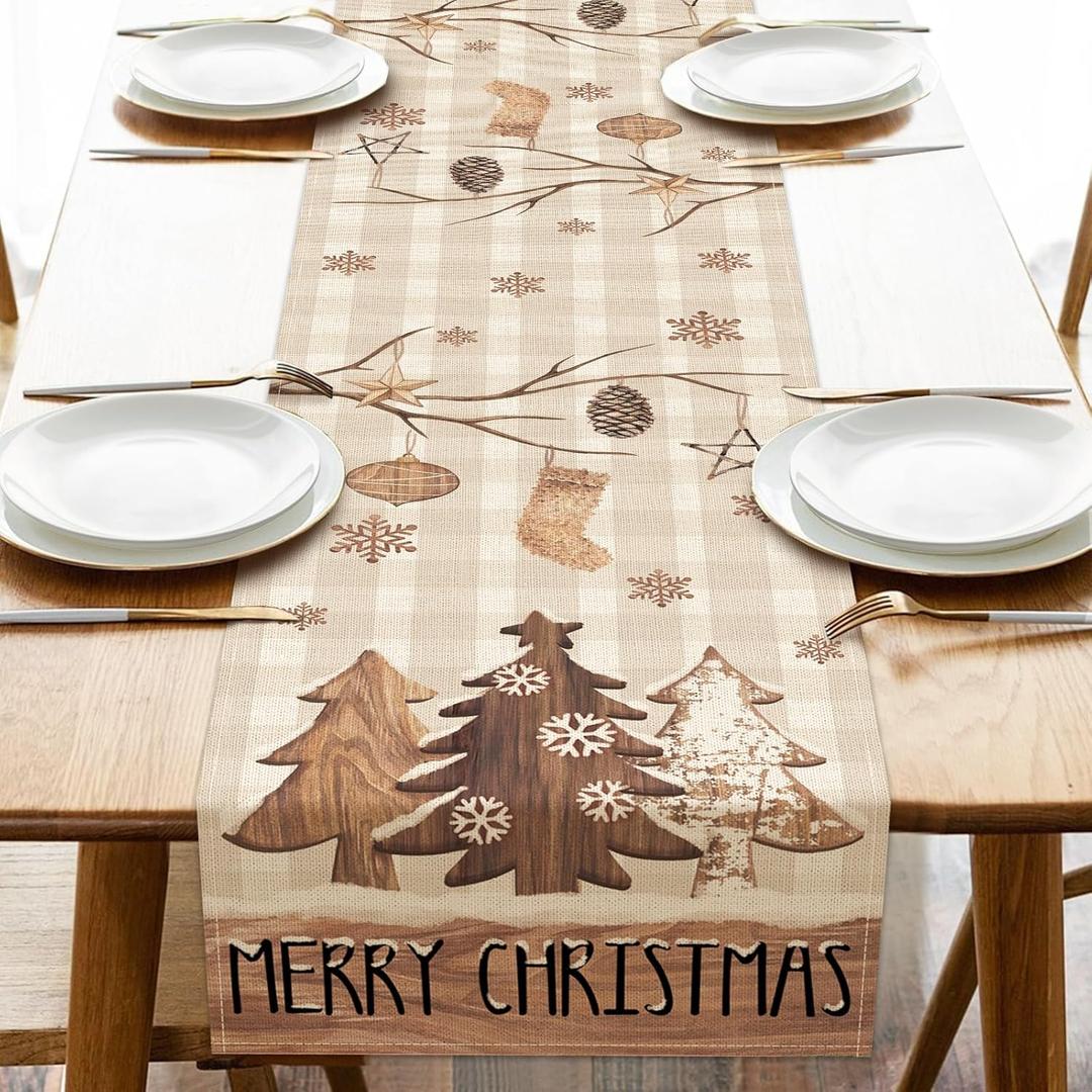 2 x Croar Merry Christmas Pine Tree Dining Table Runner, Xmas Buffalo Plaid Wood Ornament Burlap Kitchen Decoration, Winter Holiday Farmhouse Indoor Outdoor Home Decor Party Supply 13 x 72 Inches