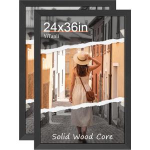 Solid Wood 24x36 Poster Frame 2 Pack, Black Poster Frames 24 x 36 inches for Pictures and Art Prints, Textured 36x24 Picture Frame Horizontal or Vertical Wall Mounting