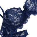 Lilosy Sexy Underwire Push Up Scallop Floral Lace Sheer Lingerie Set for Women Bra and Panty 2 Piece (Blue)