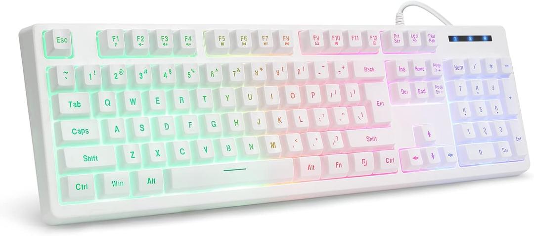 HUO JI White Gaming Keyboard USB Wired with Rainbow LED Backlit, Floating Keys, Mechanical Feeling, Spill Resistant, Ergonomic for Xbox, PS Series, Desktop, Computer, PC
