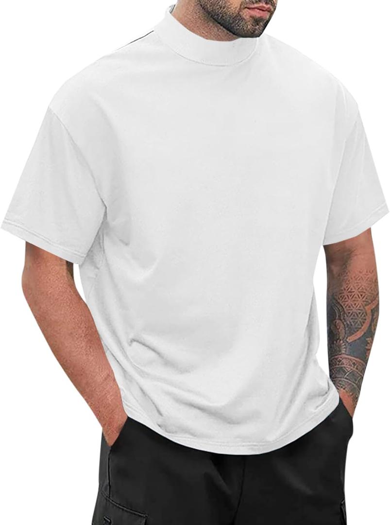 Wihion Men Turtleneck Mock Neck T Shirts Short Sleeve Ribbed High Neck T-Shirt Tee (White, M)