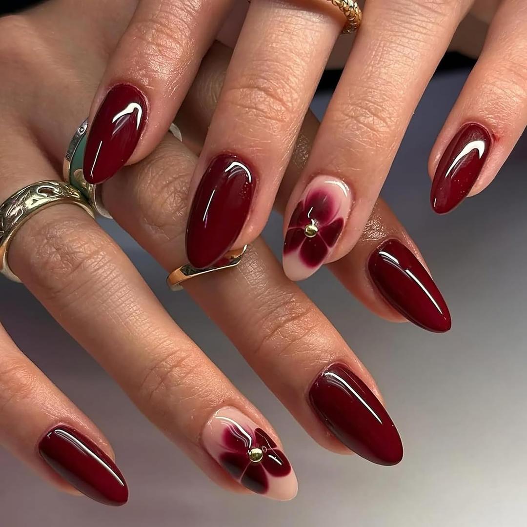 24Pcs Dark Red Almond Press on Nails Short Medium Fake Nails with Floral Steel Ball Design Reusable Almond False Nail Red Flower Nails Press ons Artificial Spring Summer Flower Nails for Women