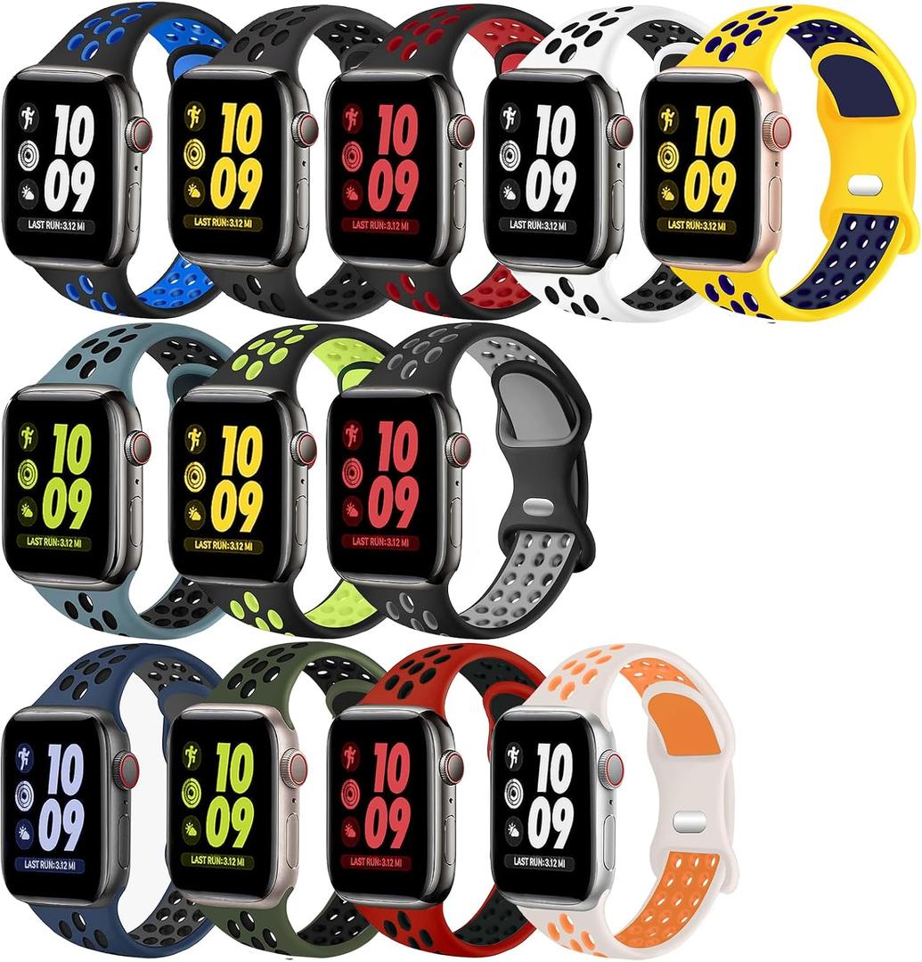 12 Pack Compatible with Apple Watch Band, Breathable Soft Silicone Sport Replacement Strap Men Women for iWatch Size: 38/40/41/42mm(Series 11/10)