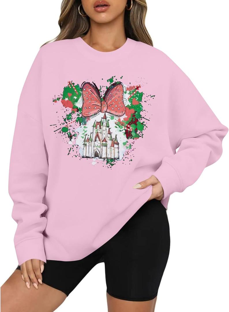 LUKYCILD Magic Kingdom Sweatshirts for Women Castle Oversized Sweatshirt Xmas Holiday Shirt Graphic Long Sleeve Pullover Tops (Pink, XL)