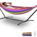 Double Hammock with Stand, 2 Person Hammock with Carrying Bag,Heavy Duty Portable,500 lb Capacity, Perfect for Both Indoors and Outdoors,Rainbow