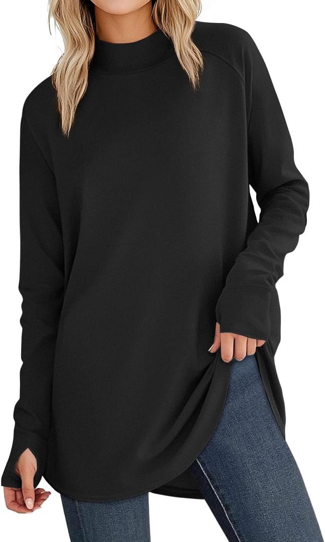 JUSTFASHIONNOW Tunic Tops for Women Casual Long Sleeve Turtle Neck Shirts Thumb Hole Curved Hem Tops Fall Fashion (Black, S)