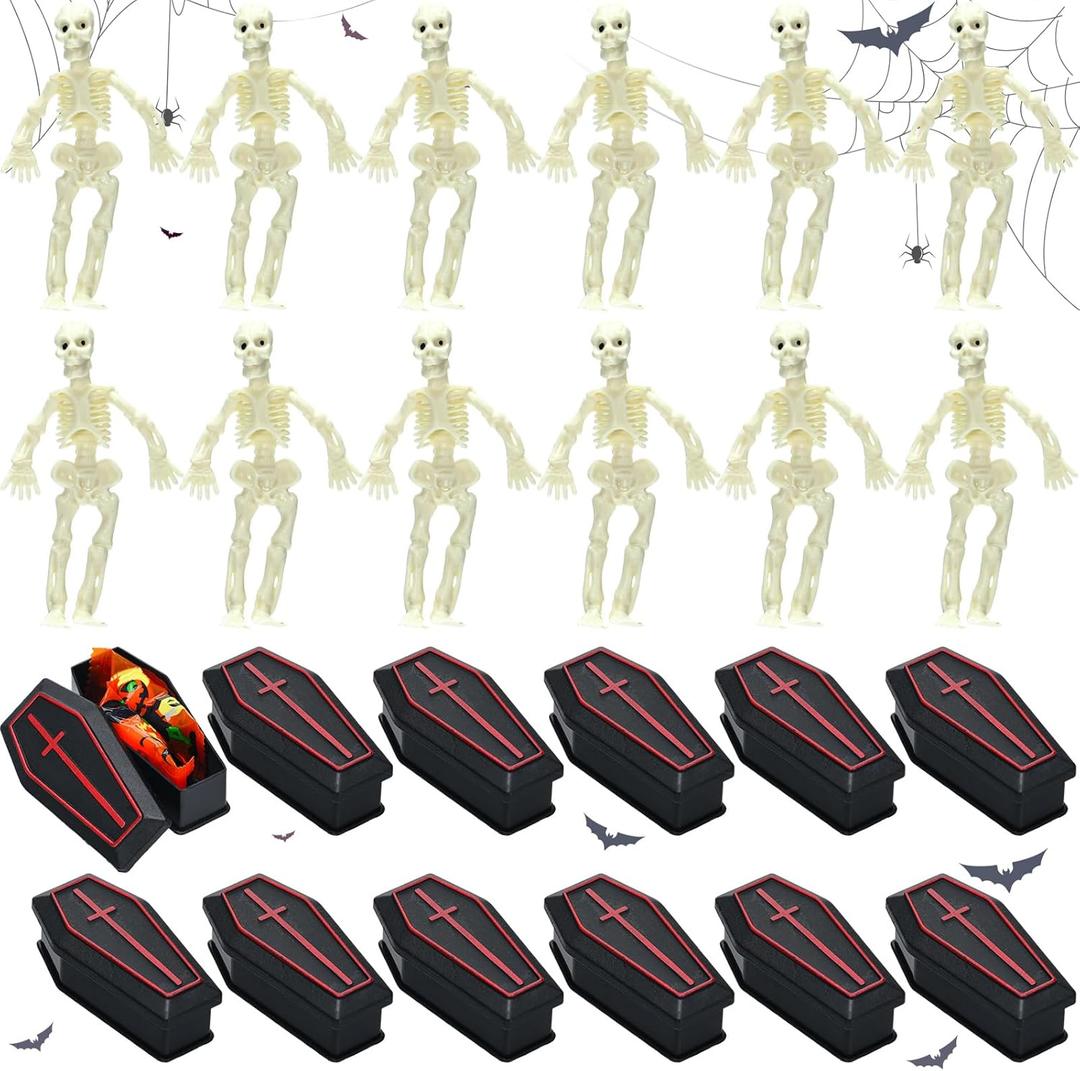 48 Pcs Halloween Mini Skeletons & Mini Coffin Boxes 3'' Halloween Decor for Spooky Home Haunted House Small Skeletons Figurines & Coffin Model with Lid Decorative Box Favors