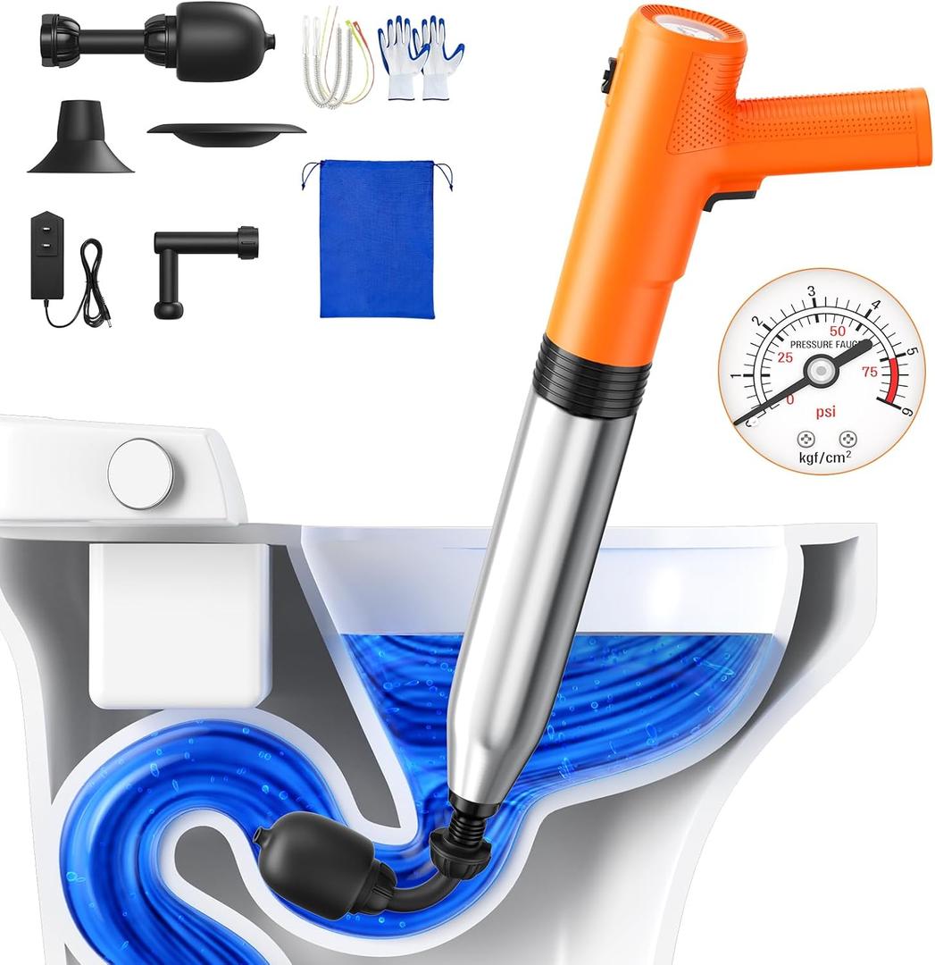 Electric Toilet Plungers for Bathroom,4 in 1 Toilet Unclogger,Auto-Inflation Toilet Plunger Clog Remover Get Instant Result,High Pressure Toilet Plunger Heavy Duty for Washbasin,Sinks,Floors Drain (Orange)