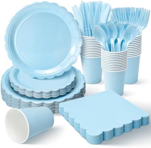 Vyntra 175 PCS Disposable Plates for Party, Paper Plates & Napkins Set with Cups, Knives, Forks, Spoons, 7'' Dessert and 9'' Dinner Plates for Baby Shower, Boy Birthday - Light Blue