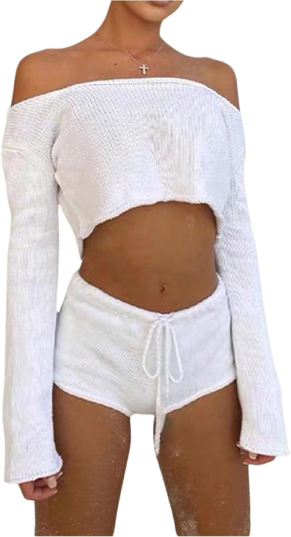 GORGLITTER Women's Crochet Shorts Set Two Piece Vacation Summer Beach Outfits Off The Shoulder Crop Tops and Shorts Set L