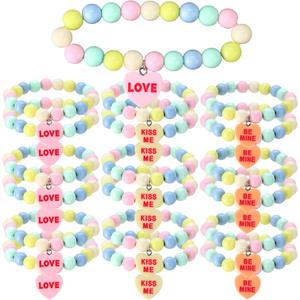 Huquary Happy Birthday Candy Bracelets Bulk Summer Candy Heart Bracelet Gift Plastic Beads Jewelry Love Heart Charm for Birthday Gift Exchange Party Favors