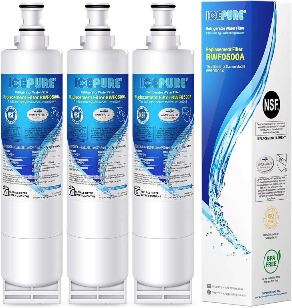 ICEPURE 4396508 Replacement for Whirlpool 4396510, EDR5RXD1, PNL240V, 4396508p, 4396547, 4392857, LC400V, WF-NLC240V,46-9010, Every drop Filter 5 Refrigerator Water Filter, 3 PACK