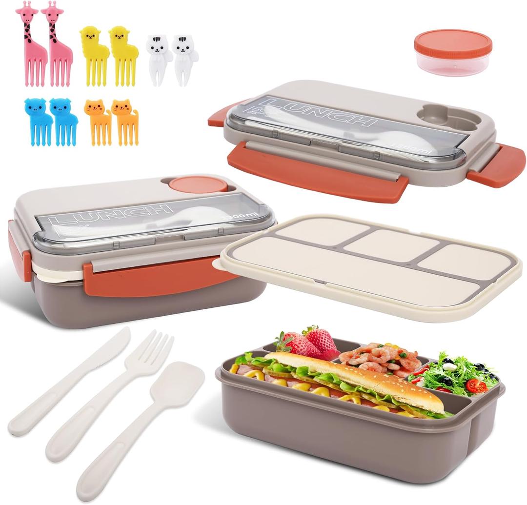 Bento box adult work lunch box, adult container, with 4 compartments, lunch container with cutlery (knife, fork, spoon, sauce box), animal fruit fork, microwave and dishwasher safe, Bee gray
