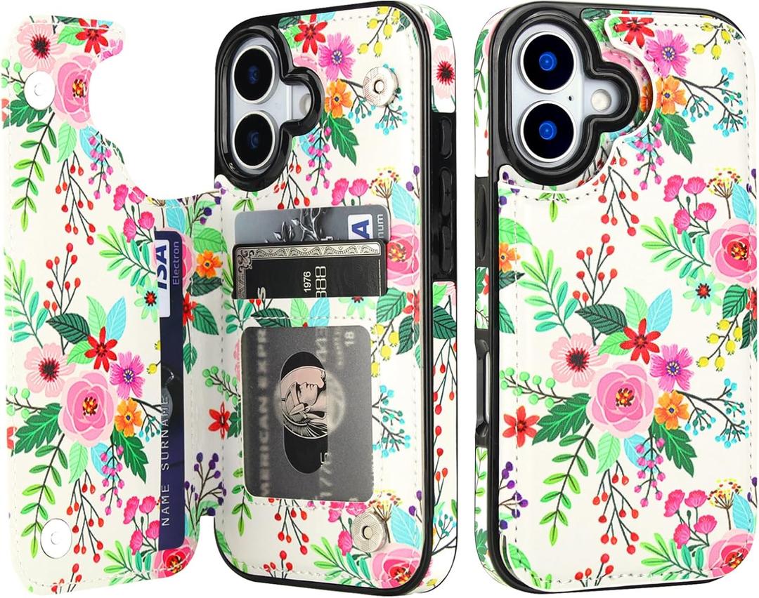 HAOPINSH Wallet Case with Card Holder for Phone 17, Colorful Florals Pattern Back Flip Folio PU Leather Kickstand Card Slots Case, Double Magnetic Clasp Shockproof 6.3"