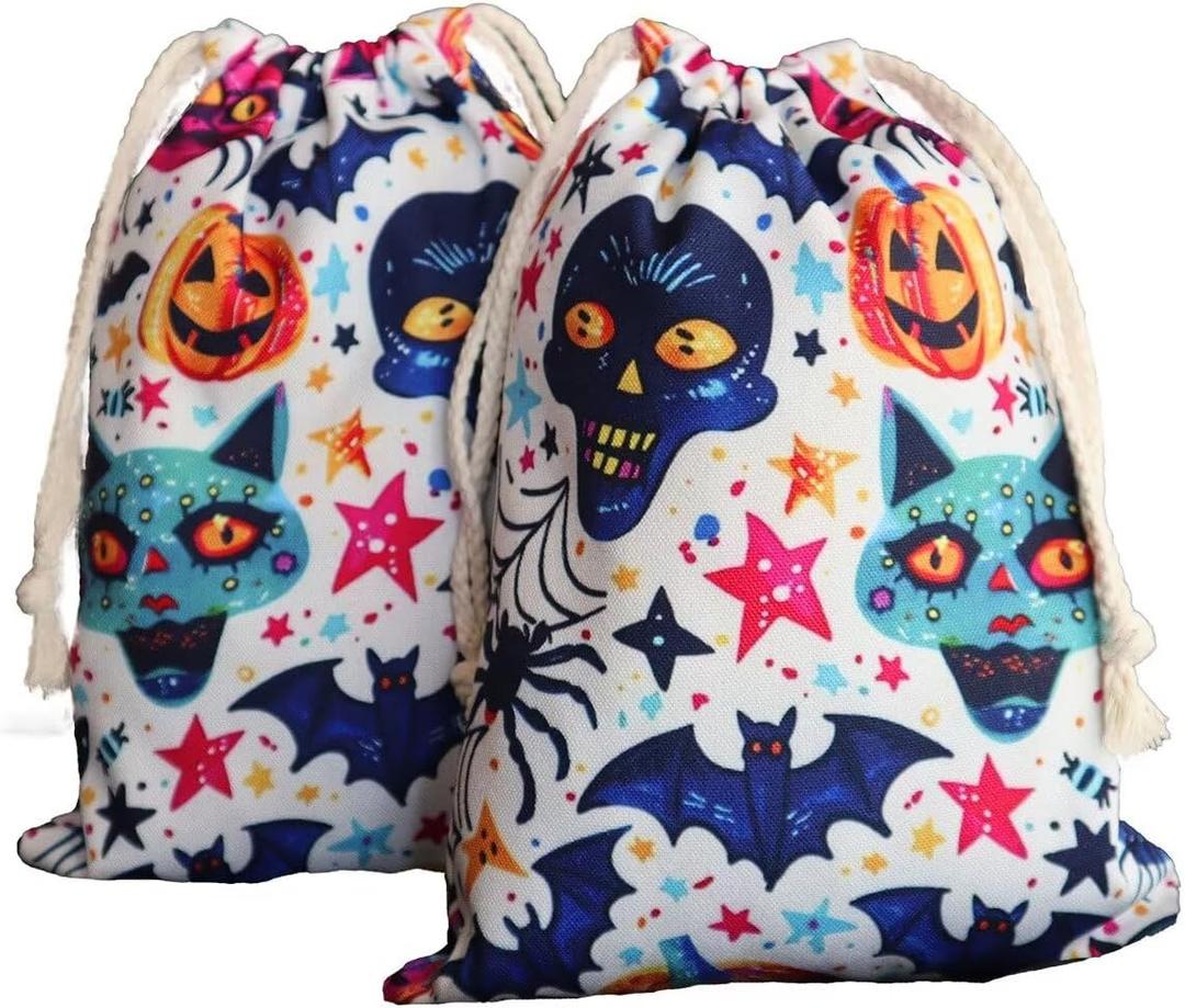 Halloween Bag 2 Pieces Printed Storage Drawstring Canvas Bag Halloween Theme Skull Bat (Multi)