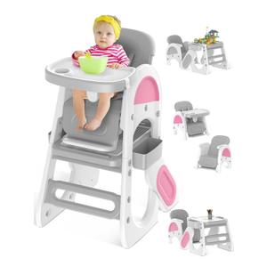 Convertible Baby Chair & Table Set, 6 in 1 High Chair for Toddlers, Building Block Table, Removable Tray, Adjustable Back & Footrest, Safety Harness (Pink)