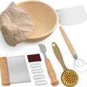 Swice Bread Proofing Basket, Round 9-Inch Banneton Sourdough Starter Kit with Lame, Dough Scraper, Linen Liner, and Basting Brush, Complete Bread Making Supplies and Tools