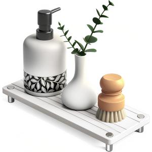 Quick Dry Sink Caddy Kitchen Sink Organizer, Water Absorbing Stone Tray for Sink, Stone Drying Tray, Diatomite Faucet Mat & Protector, Dispenser Sponge Holder, Stone Soap Tray for Bathroom Counter (White Metal Foot Wave Large)