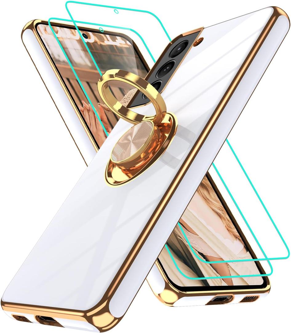 Gritup for Samsung Galaxy S21 Case: with 2Pcs Screen Protector, 360 Rotation Ring Holder Magnetic Kickstand Plating Gold Edge Soft TPU Shockproof Protective Cover for S21, White