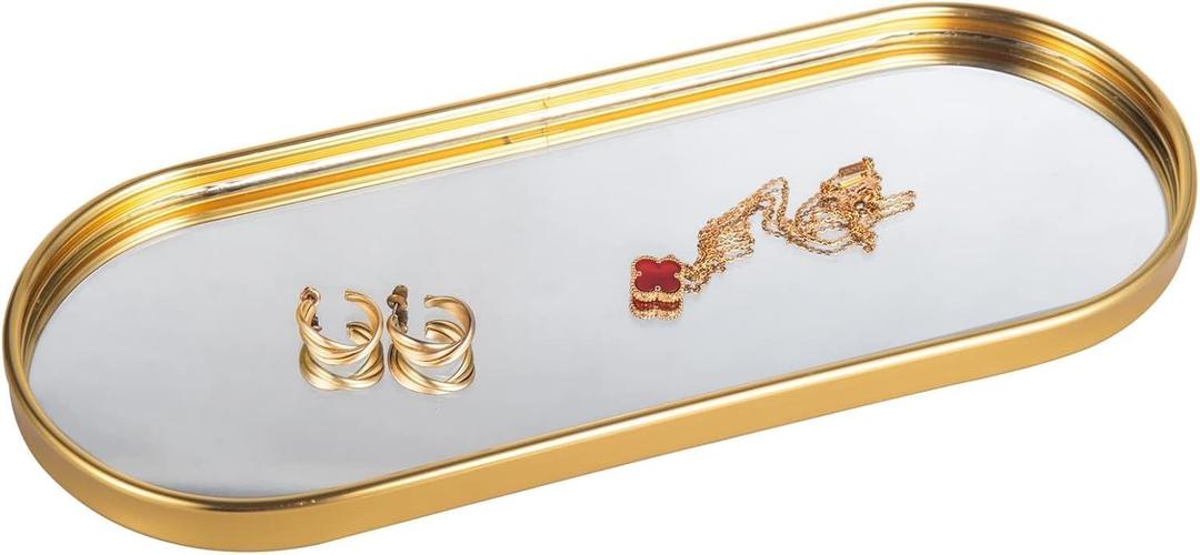 Feyarl Gold Mirrored Jewelry Trinket Tray Vanit Little Ring Earings Organizer Ornate Cosmetic Perfume Tray Display Decorative Coffee Table Tray for Home Decor Dinning Room Dresser Tabletop Gold