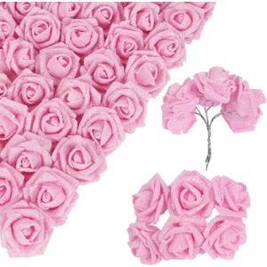 Pink Glitter Roses, 60PCS Mini Flowers Bouquet for DIY Wedding Party Bridal Centerpieces Decor (Pink)