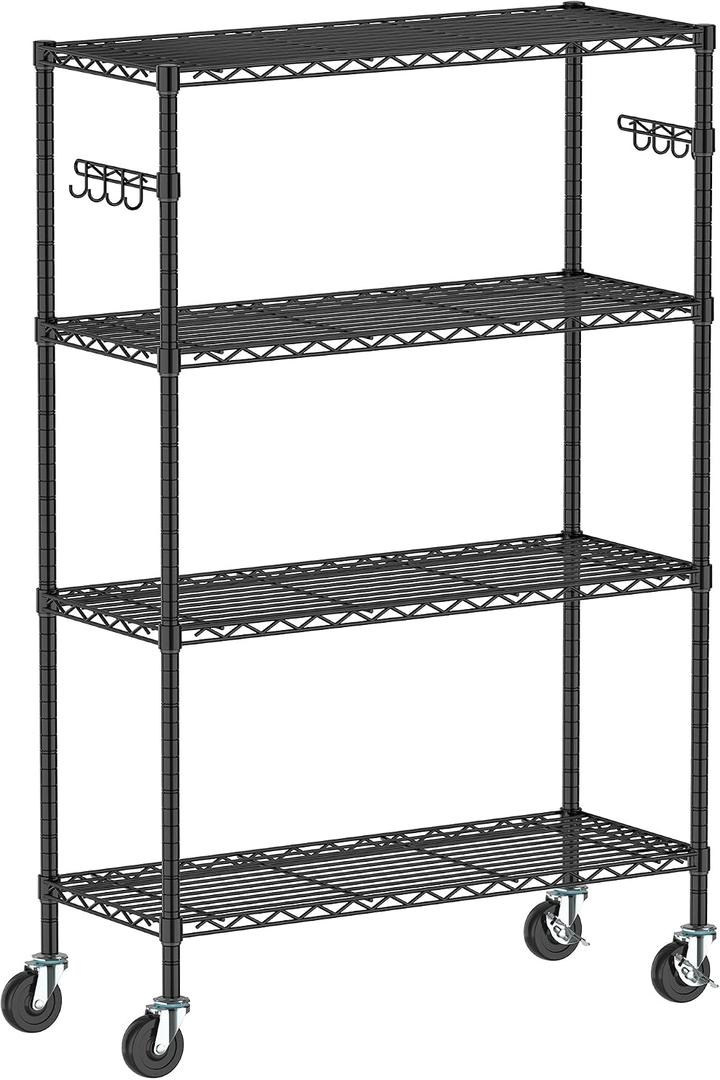 Folews 4-Tier Storage Shelving Unit with Wheels, Metal Rolling Storage Shelves NSF Adjustable Layer Steel Rack Shelf, Wire Shelving Storage for Kitchen Garage Pantry Office, Black (14D x 36W x 57H)