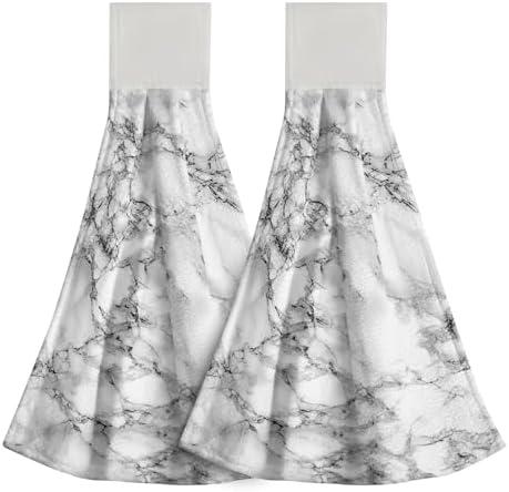 Giwawa White Marble Kitchen Hanging Towel, Black Textured Marbling Hand Tie Towels with Hook & Loop Set of 2, Elegant Granite Stone Surface Soft Tea Bar Dish Towel for Bathroom Laundry Room Decor