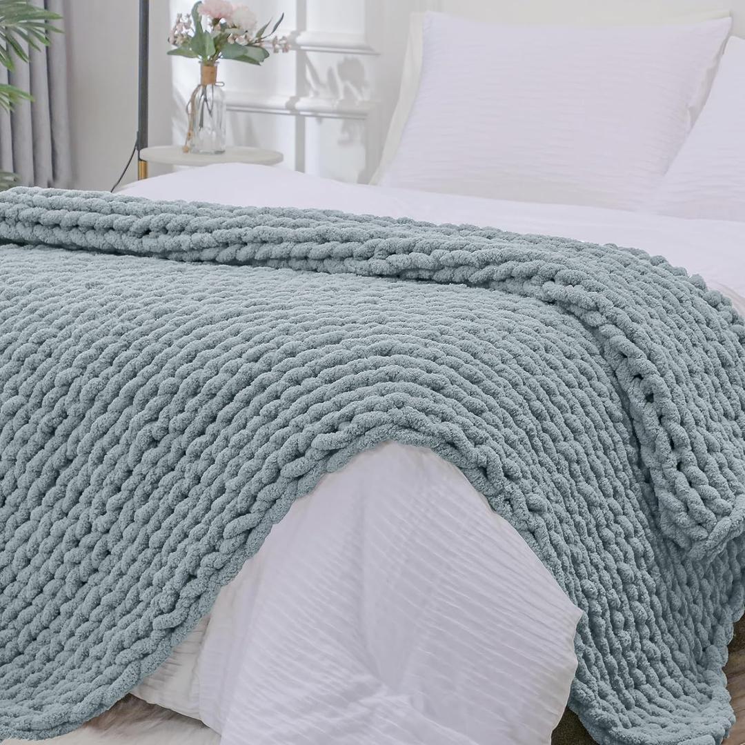 Bigacogo Chunky Knit Throw Blanket for Couch, 40x80 inches, 100% Hand Knitted with Thick Jumbo Chenille Yarn, Cozy Soft Large Rope Knot Cable Crochet Blankets for Sofa Bed Living Room, Dusty Blue, 40"x80" (Special Size Throw)