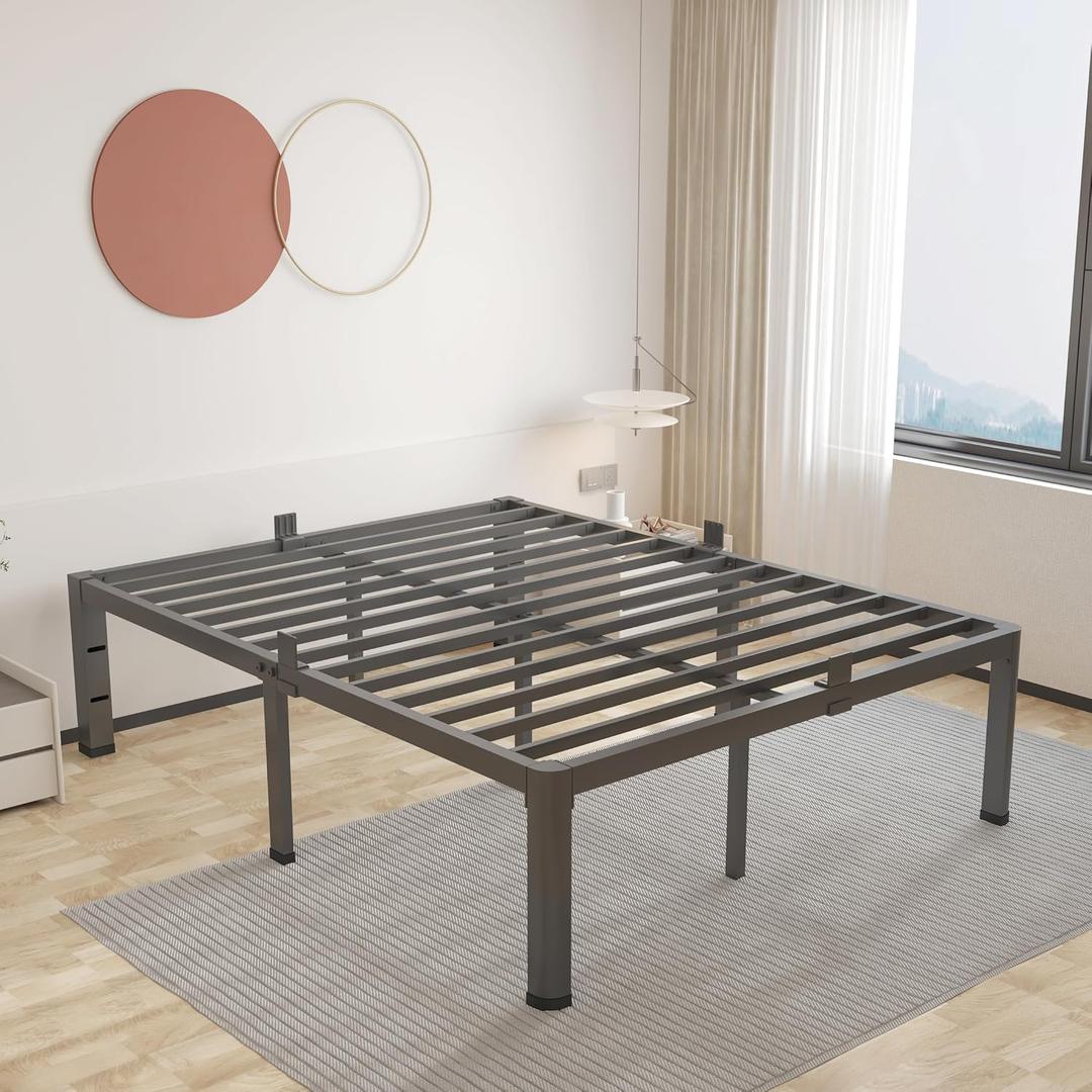 ROIL 16 Inch King Bed Frame with Rounded Corner and Headboard Hole Mattress Retainers 3500LBS Metal Heavy Duty Steel Slats No Box Spring Needed Platform Noise-Free Easy Assembly