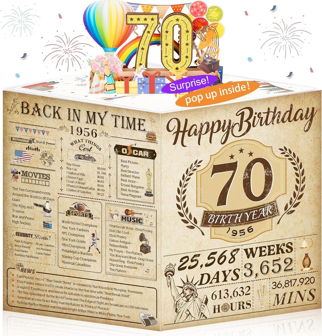 70th Birthday Card for Men Women, Funny 3D Pop Up 70th Birthday Gifts for Grandma Mom Dad, Back In 1956 Happy 70 Year Old Birthday Decorations Cards for Her Him, Classy Vintage