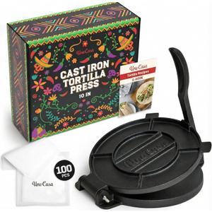 Uno Casa Cast Iron Tortilla Press 10 Inch - Tortilla Maker Press, Pre-Seasoned Roti Maker with 100 Pcs Parchment Paper - Heavy Duty Quesadilla Maker for Homemade Flatbreads, Rotis, Empanadas