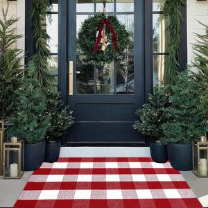 Christmas Door Mat Outdoor 27.5"x43" Buffalo Plaid Christmas Decor Rug Cotton Hand-Woven Layered Door Mats Washable Carpet for Front Porch, Kitchen, Farmhouse, Entryway