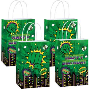 12Pcs Green Hero Party Supplies Super Theme Party Favor Bags with Handles Cartoon Green Hero Treat Candy Goodie Bags Comic City Cityscape Gift Bag for Boys Girls Baby Shower Birthday Decorations