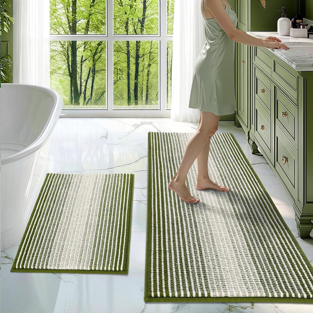 BSICPRO Bathroom Rugs and Mats Sets, 2 Piece Thick Absorbent Chenille Bath Mat Rug Set Non Slip, Soft Shaggy Bath Room Floor Mats for Bathroom, Machine Washable (Sage, 20" x 47" Plus 16" x 24")