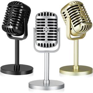 3 Pcs Retro Microphone Props Vintage Microphone Toy Prop with Stand Model Plastic Fake Microphone Antique Prop Mic for Party Role Play Stage Table Decorations, 6.5 x 3.15 x 3.15 Inch, 3 Colors