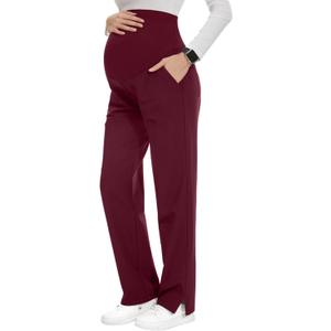 POSHGLAM Women's Maternity Scrubs Pant 6-Pocket Stretchy Comfy Workwear Casual Pregnancy Pants(New Burgundy, Small)